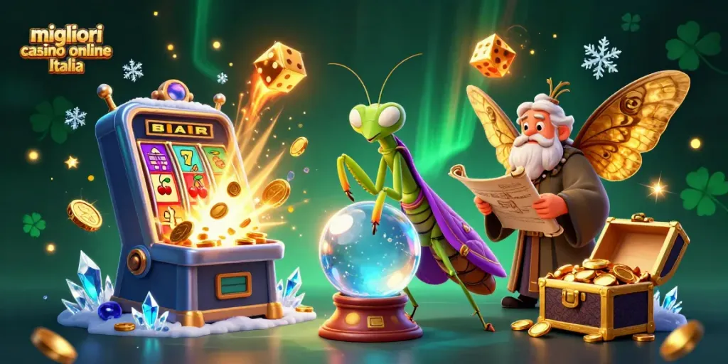 I migliori casino online Italia mostrano un mantide indovino e una falena con rotoli mentre esplodono simboli di slot e monete d'oro.