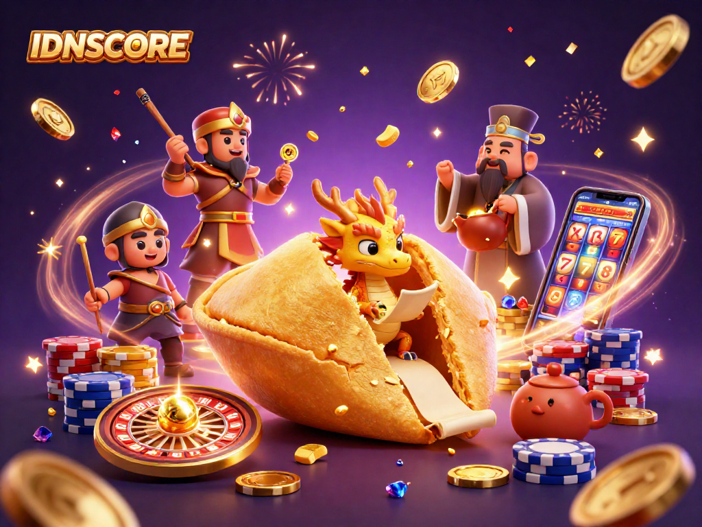 Engage with IDNSCORE's thrilling gaming adventure featuring animated dragons, fortune cookies, and casino treasures.