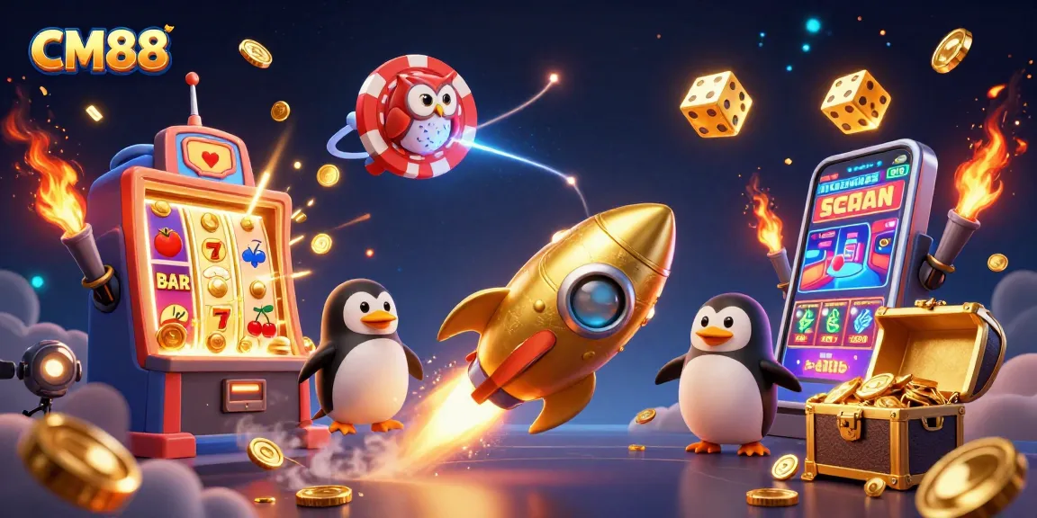 Experience the excitement of a rocket-powered penguin in a vibrant CM88 casino space adventure.