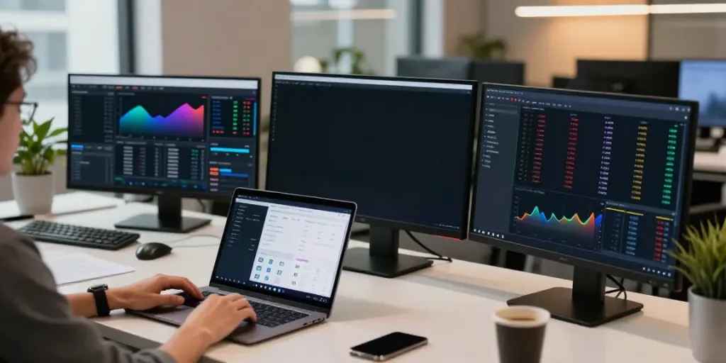 Watch live cryptocurrency market data on multiple screens in a modern trading office.