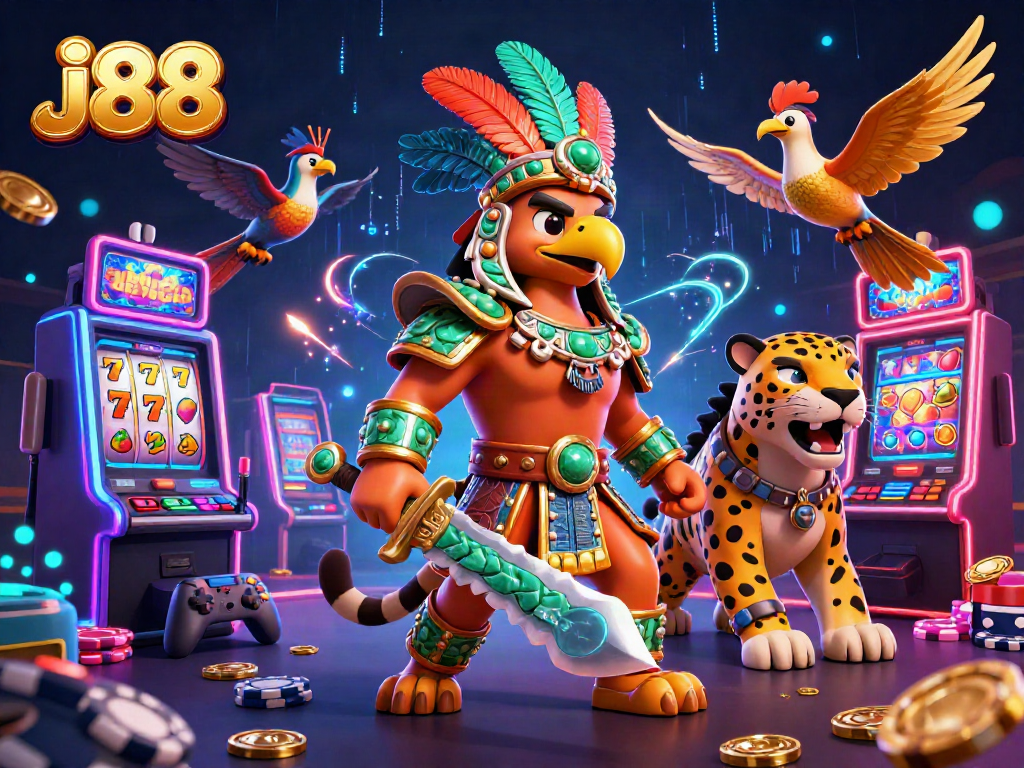 Engage with j88's dynamic world of casino gaming featuring colorful slots, skilled characters, and vibrant elements.