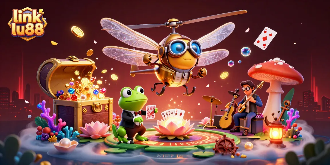 Explore exciting gaming action with link lu88 at a vibrant lily pad casino scene featuring dynamic characters.