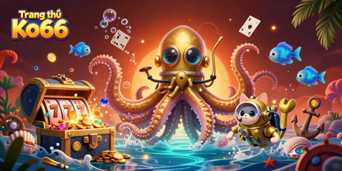 Engage with the underwater adventure at Trang chủ Ko66 with a kraken and diving cat amidst casino treasures.
