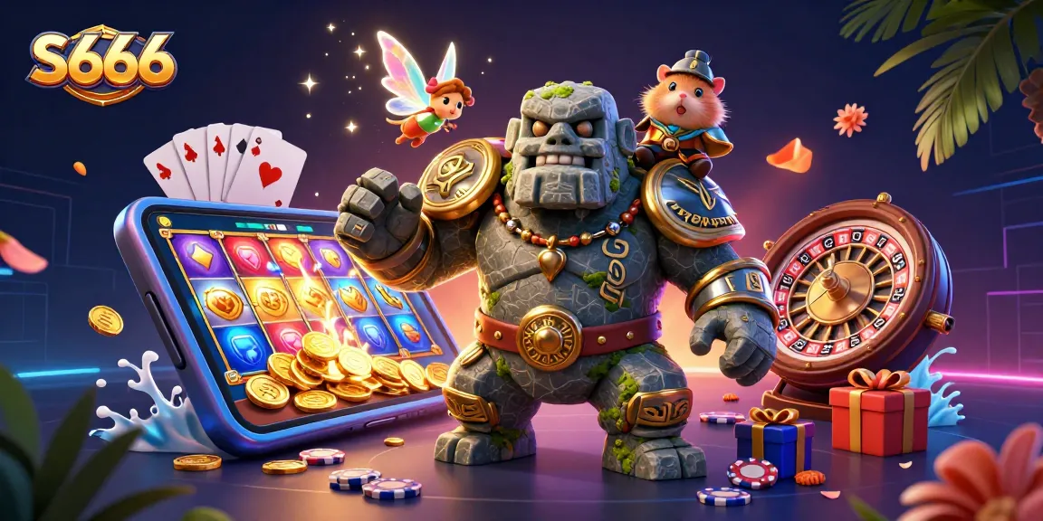 S666 provides an exciting casino adventure with a magical golem guardian, a fairy, and a hamster knight amidst coins and game elements.