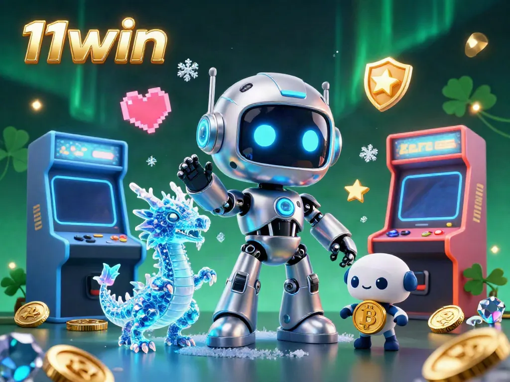 Engage with the vibrant casino world of 11win, featuring a cyberpunk robot and holographic dragon among colorful gaming elements.