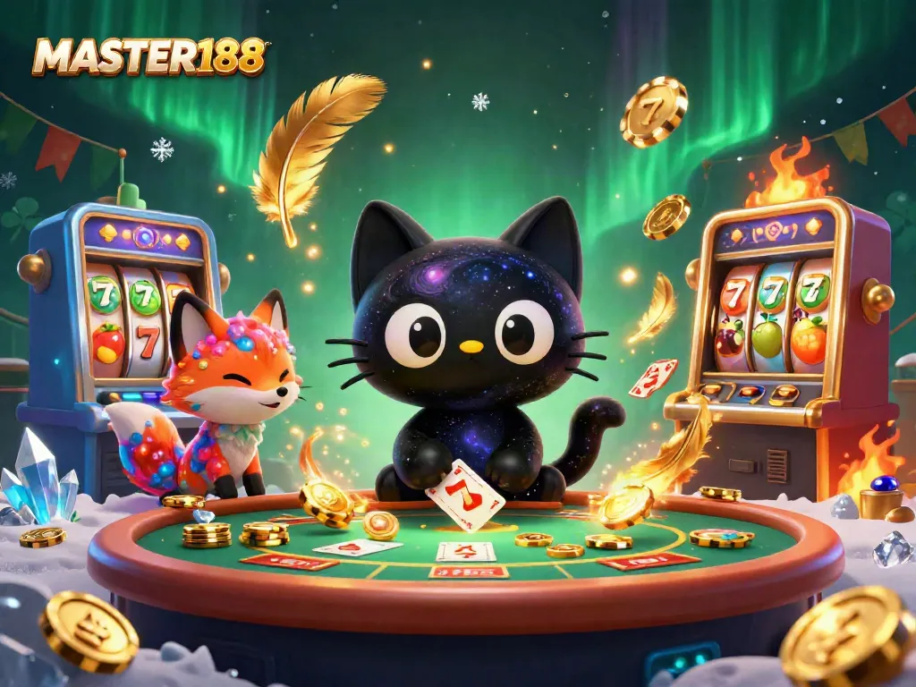 Engage with MASTER188 at a cosmic casino table with animated characters and swirling game symbols.