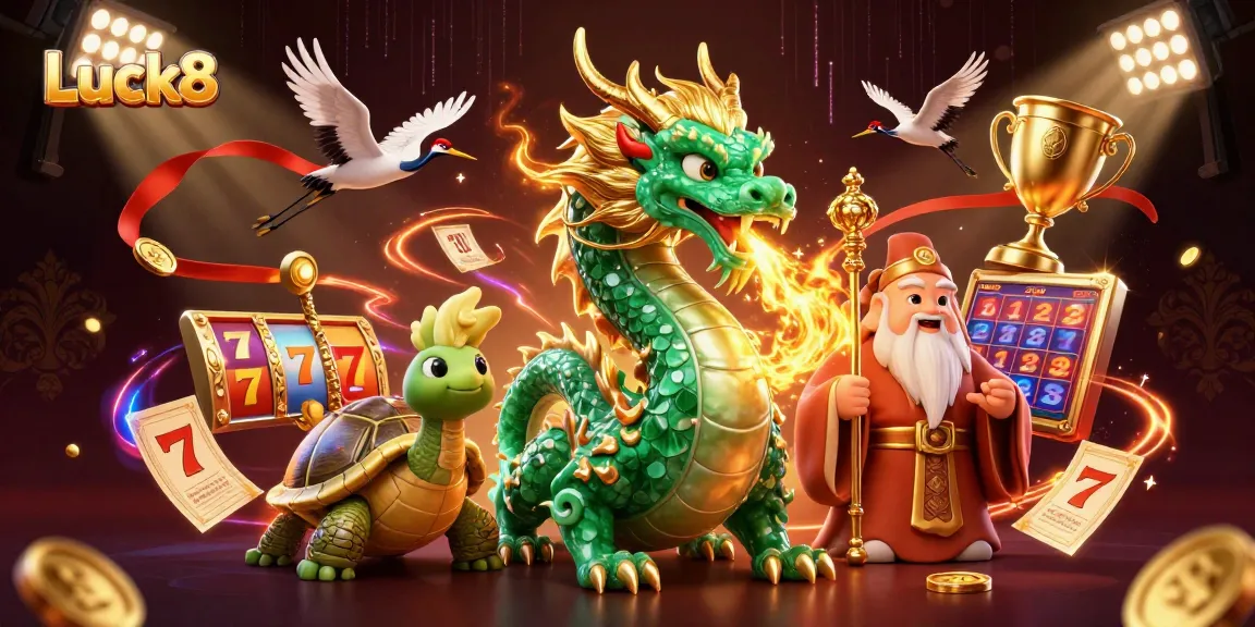 Luck8 features a vibrant dragon, turtle, and cranes amidst dynamic slot gaming elements.