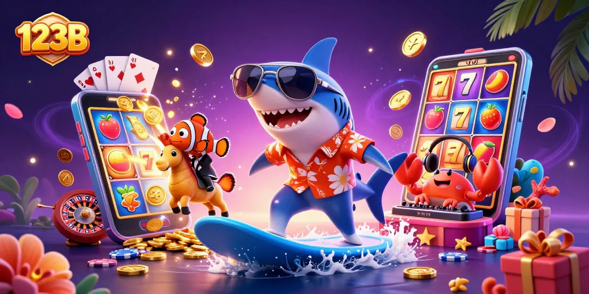 Surf with 123B's hammer-head shark and friends among golden coins and vibrant slot games.