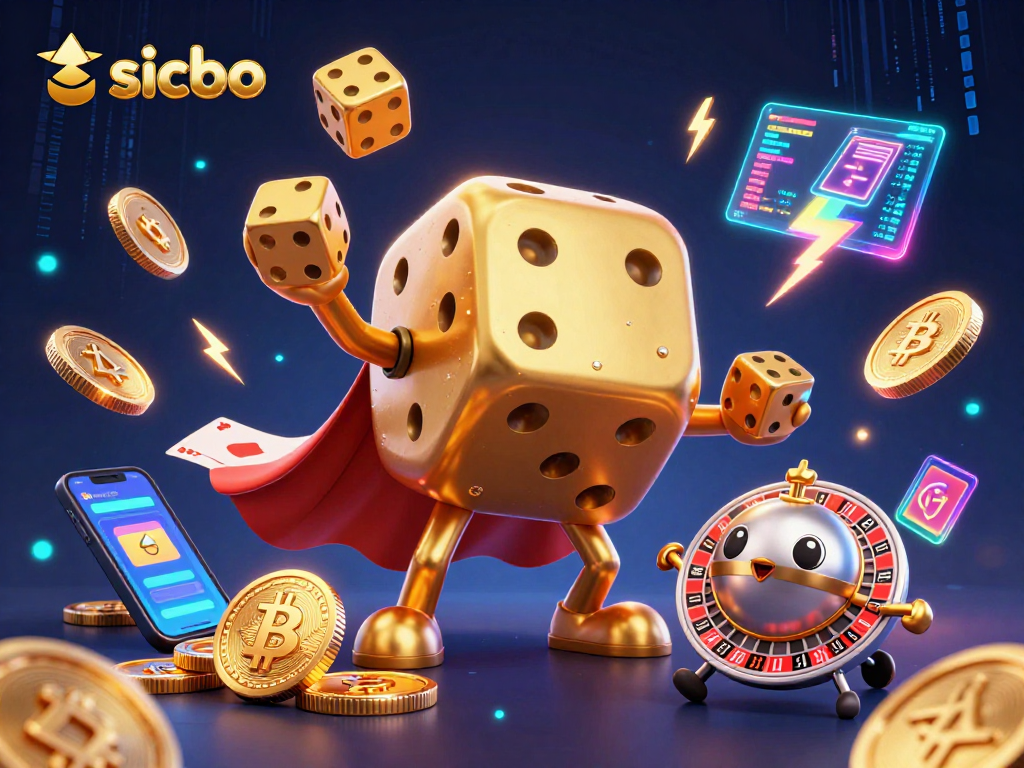 Engage with sicbo games as a golden dice golem juggles excitement amidst crypto coins and vibrant visuals.