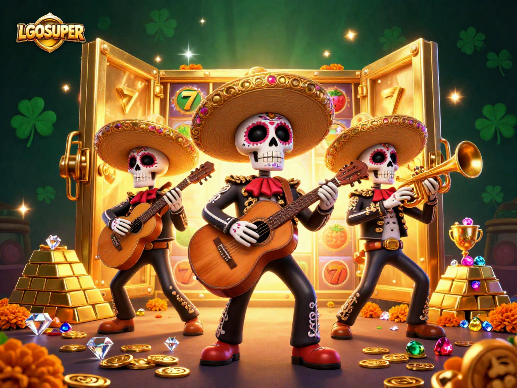 Experience slots excitement with LGOSUPER featuring Day of the Dead mariachi band amidst gold treasures.