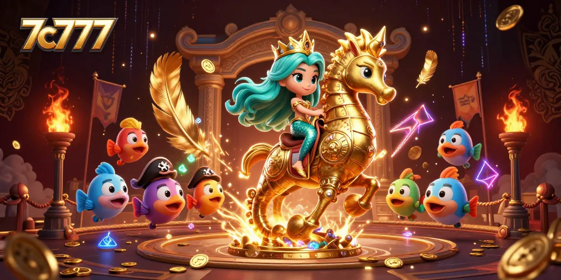 Mermaid princess and golden seahorse exploring the thrilling world of 7c777 casino games.