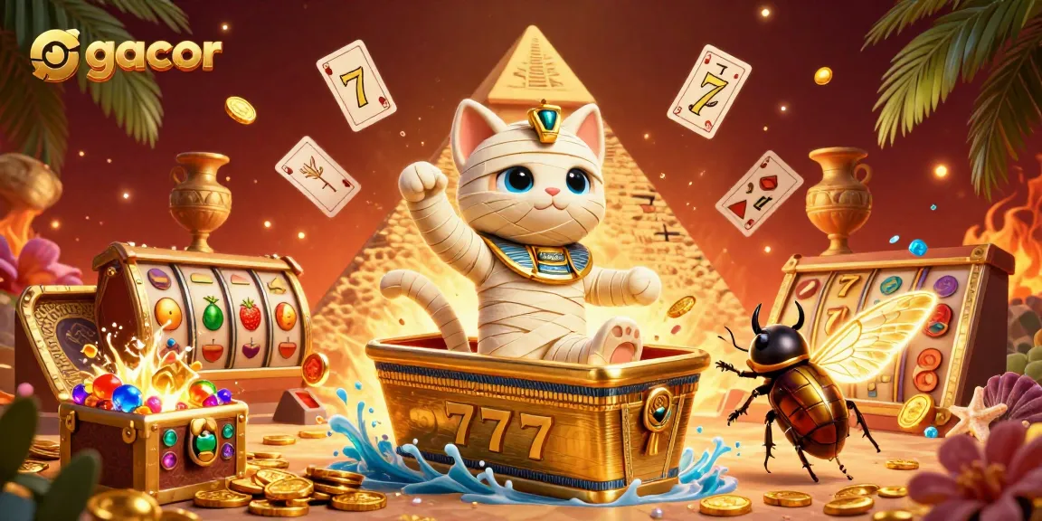 Engaging illustration of gacor-themed slot action with Egyptian elements, showcasing vibrant casino gameplay.
