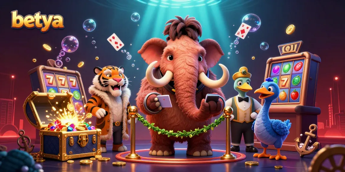 Experience the vibrant world of betya with a woolly mammoth casino bouncer and wild characters surrounded by slot machines and treasure.