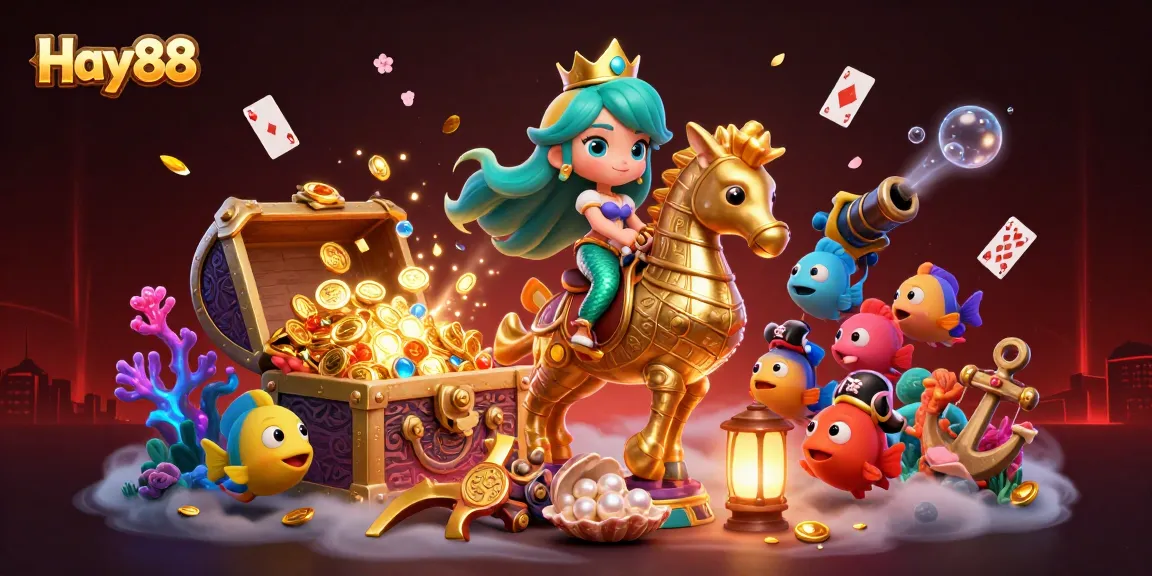 Experience thrilling gameplay at Hay88 with vibrant underwater scenes showcasing a colorful mermaid and seahorse.