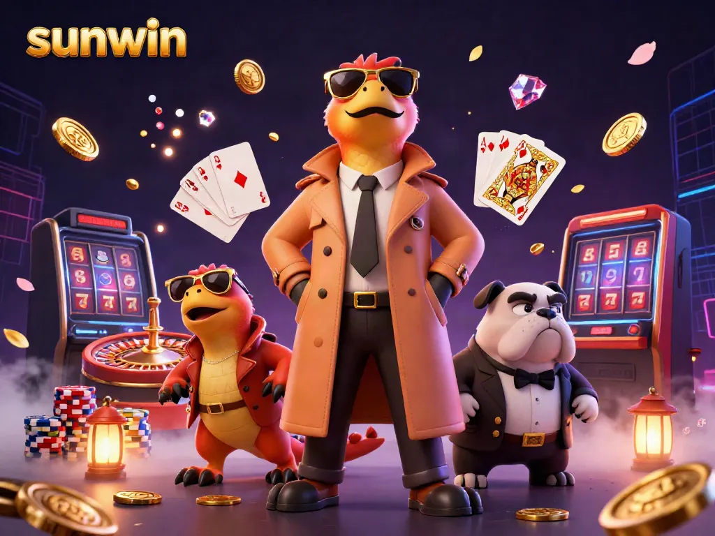 Sunwin raptors in trench coat entering a casino lounge surrounded by coins and poker elements.