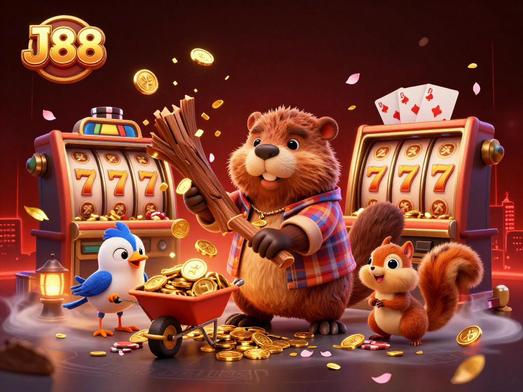 Experience thrilling wins with J88 slot games illustrated by a dynamic 3D scene of animal characters.