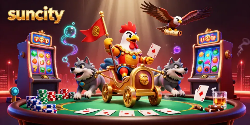 Engage with the vibrant universe of Suncity featuring animated characters and casino elements in a dramatic 3D illustration.