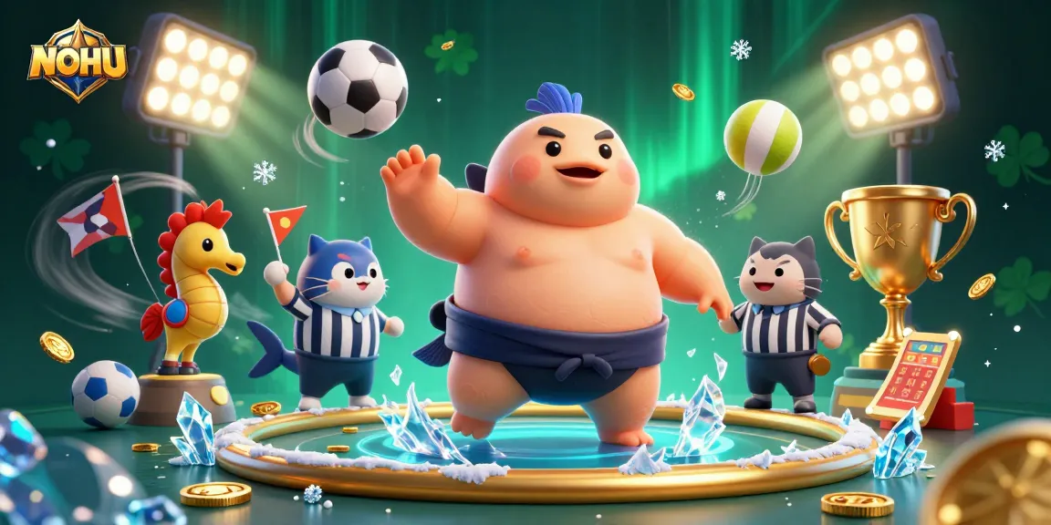 NOHU showcases a vibrant underwater gambling scene with a puffed fugu, catfish referee, and dynamic sports elements.
