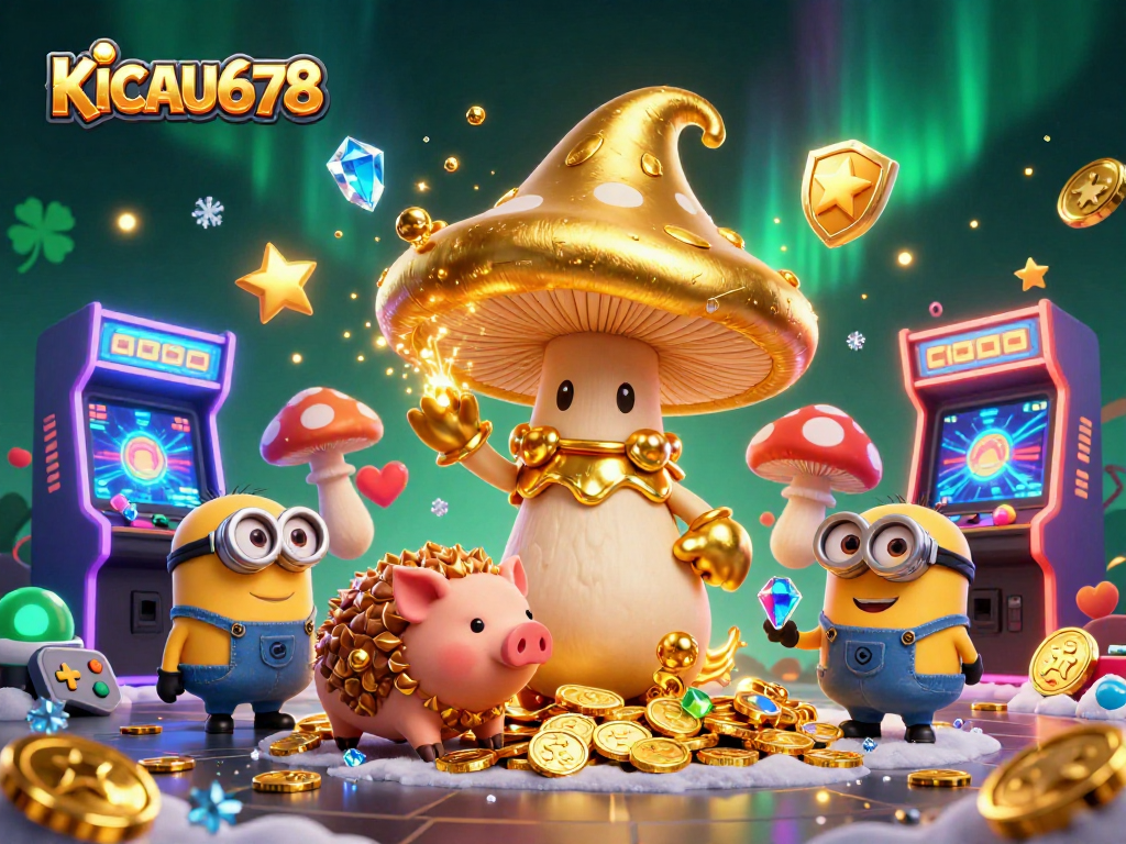 Experience KICAU678's vibrant casino magic with golden mushrooms and treasures in a colorful illustration.