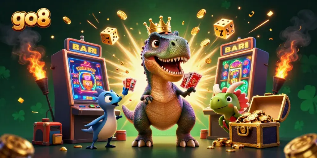 Experience the excitement of go8 with a playful T-Rex and friends in a vibrant casino setting.