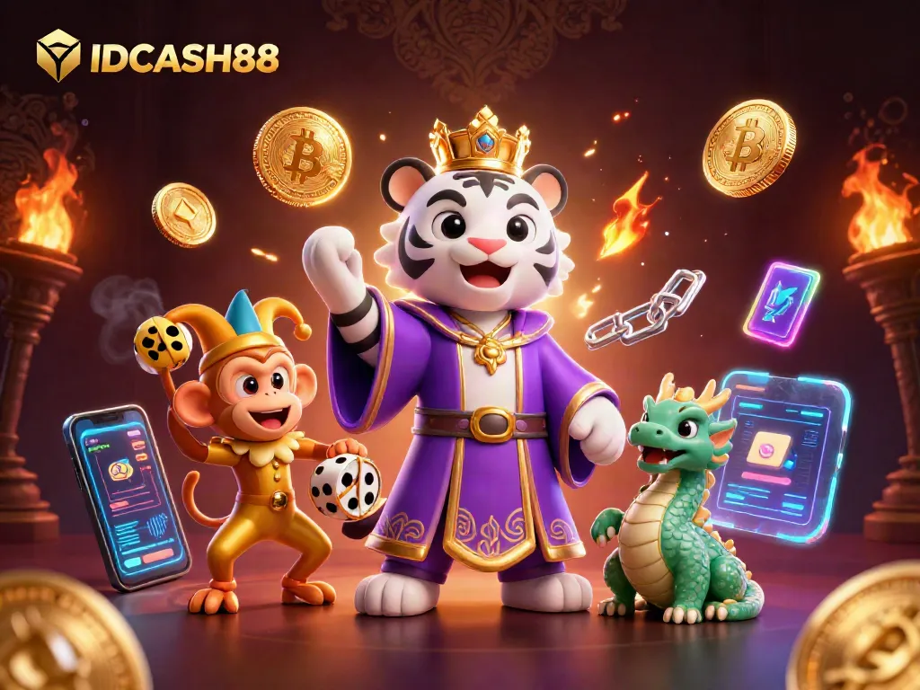 Engage with thrilling games at IDCASH88, featuring dynamic slot reels and vibrant casino elements.