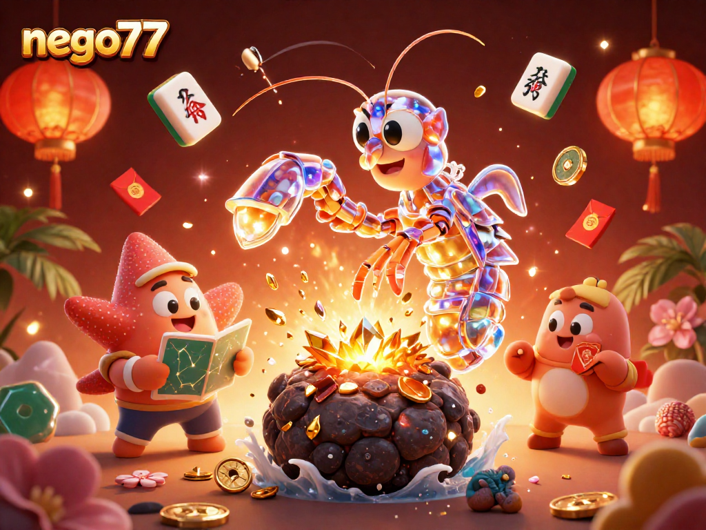 Experience exciting wins at nego77 with dynamic 3D illustrations of gambling and casino elements.