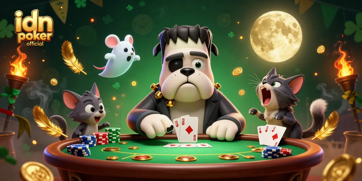 Permainan kartu IDN Poker Resmi dengan bulldog Frankenstein, tikus hantu, dan anak kucing werewolf.