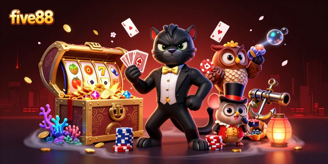 Engage in thrilling gameplay at five88 with a 3D illustration showing a panther dealer, owl with poker chips, and lucky mouse.