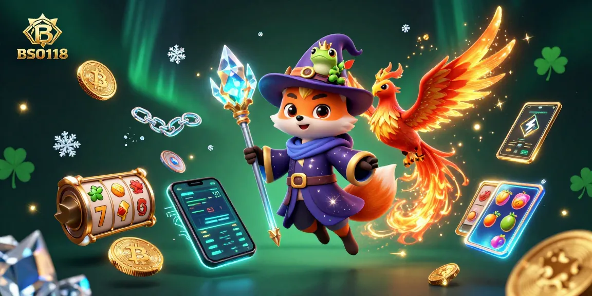 Engage with BSO118 in a vibrant crypto casino scene featuring mystical characters and dynamic gaming elements.
