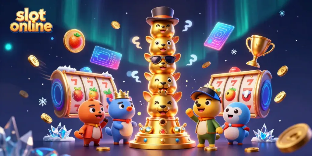Experience the excitement of slot online gaming with a dynamic 3D illustration showcasing vibrant casino elements.