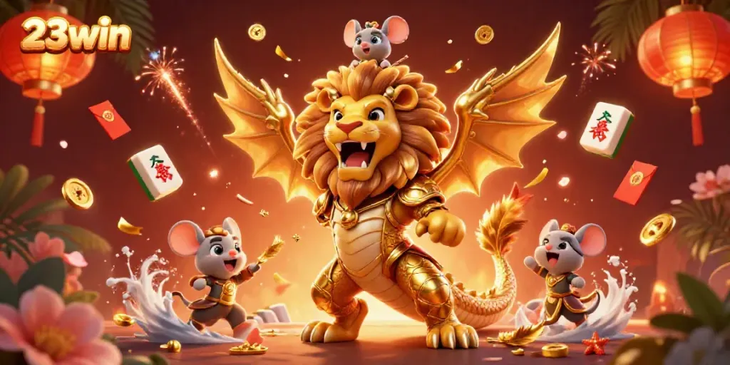 Experience excitement with the roaring chimera and mouse jockey at 23win, surrounded by vibrant gambling elements.