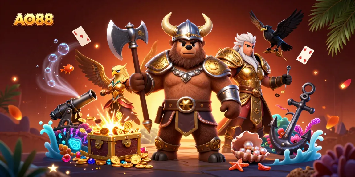 Experience exciting gameplay at AO88 with a Viking bear and Valkyrie eagle in a vibrant casino adventure.
