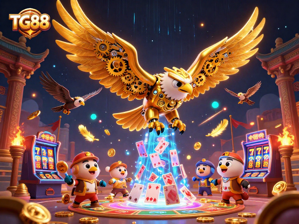 Experience thrill at TG88 with a golden eagle soaring through a dynamic casino-inspired scene filled with games and excitement.