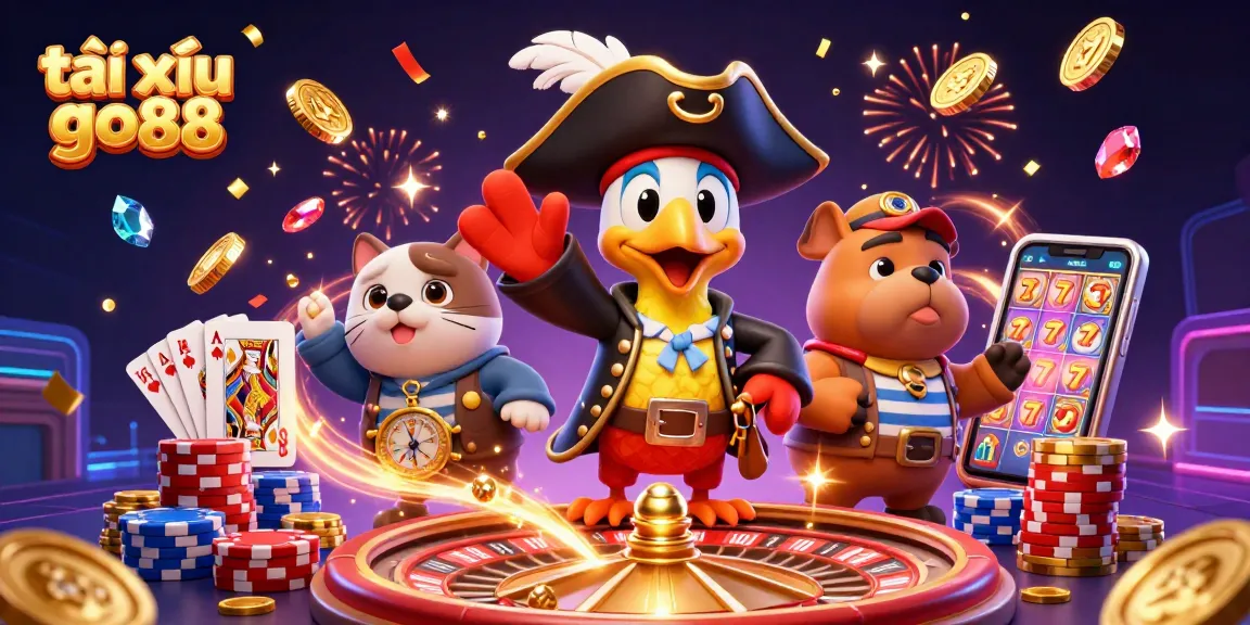 Engage with tài xỉu go88's thrilling atmosphere, featuring vibrant casino characters and lively game elements.