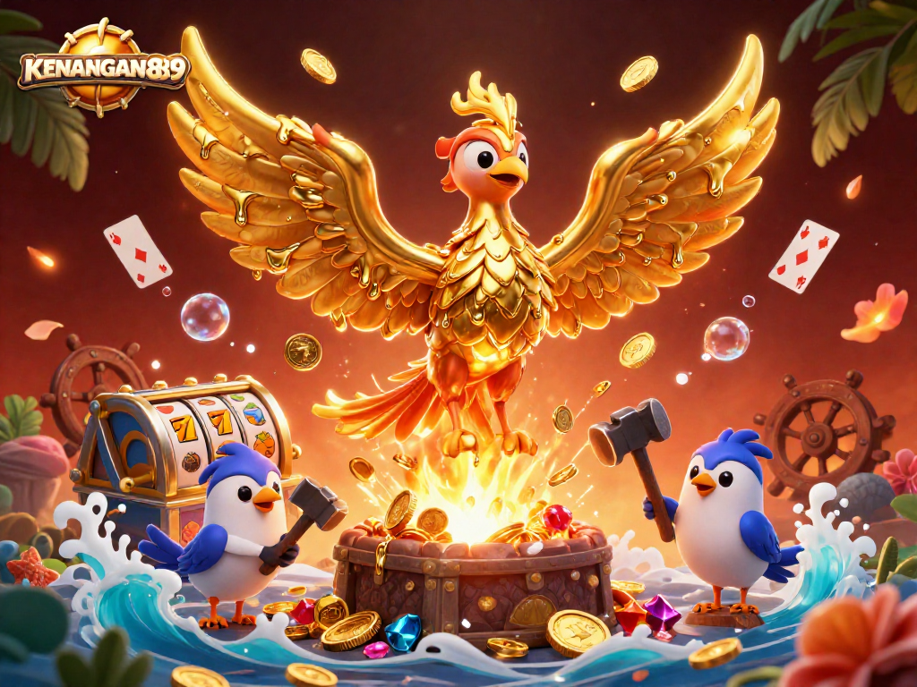 Experience thrilling wins at KENANGAN889 with a golden phoenix and treasure-filled scene.