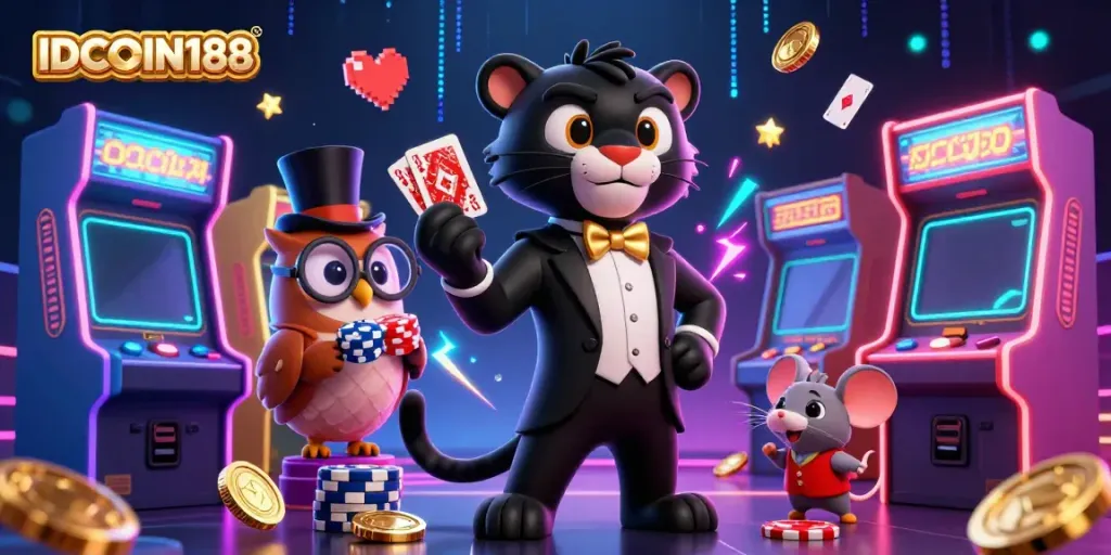 IDCOIN188 showcases a vibrant casino scene with stylish characters and colorful gaming elements in an exciting atmosphere.