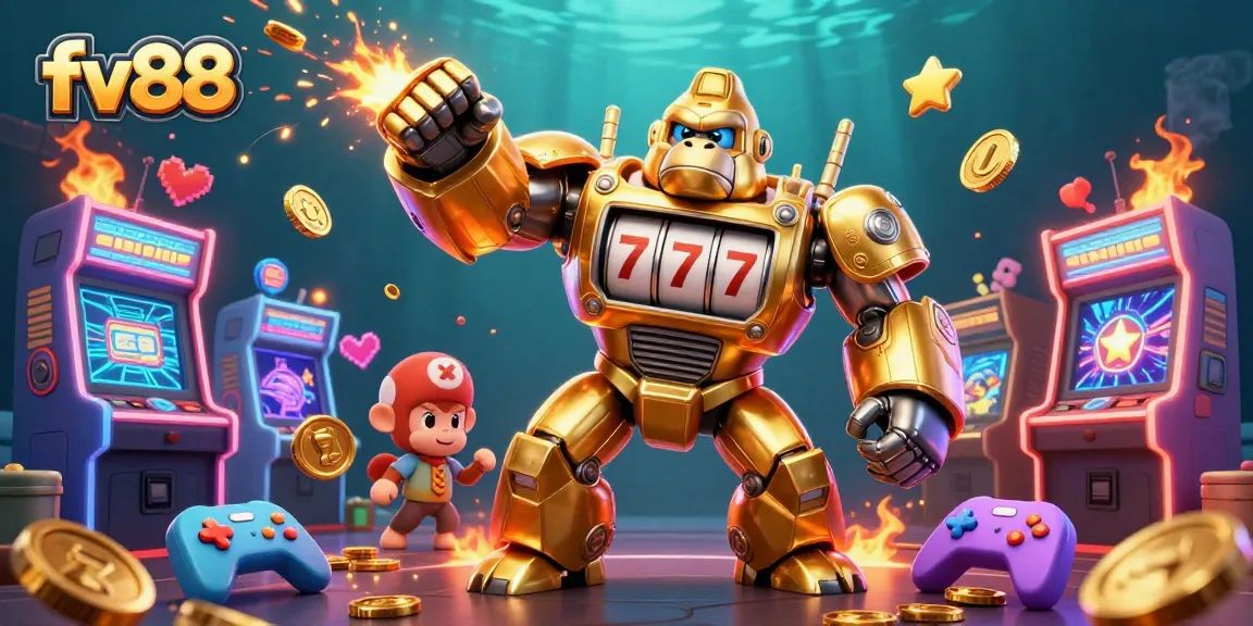 Experience exhilarating gaming thrills with fv88's vibrant robotic gaming characters amidst dynamic casino action.