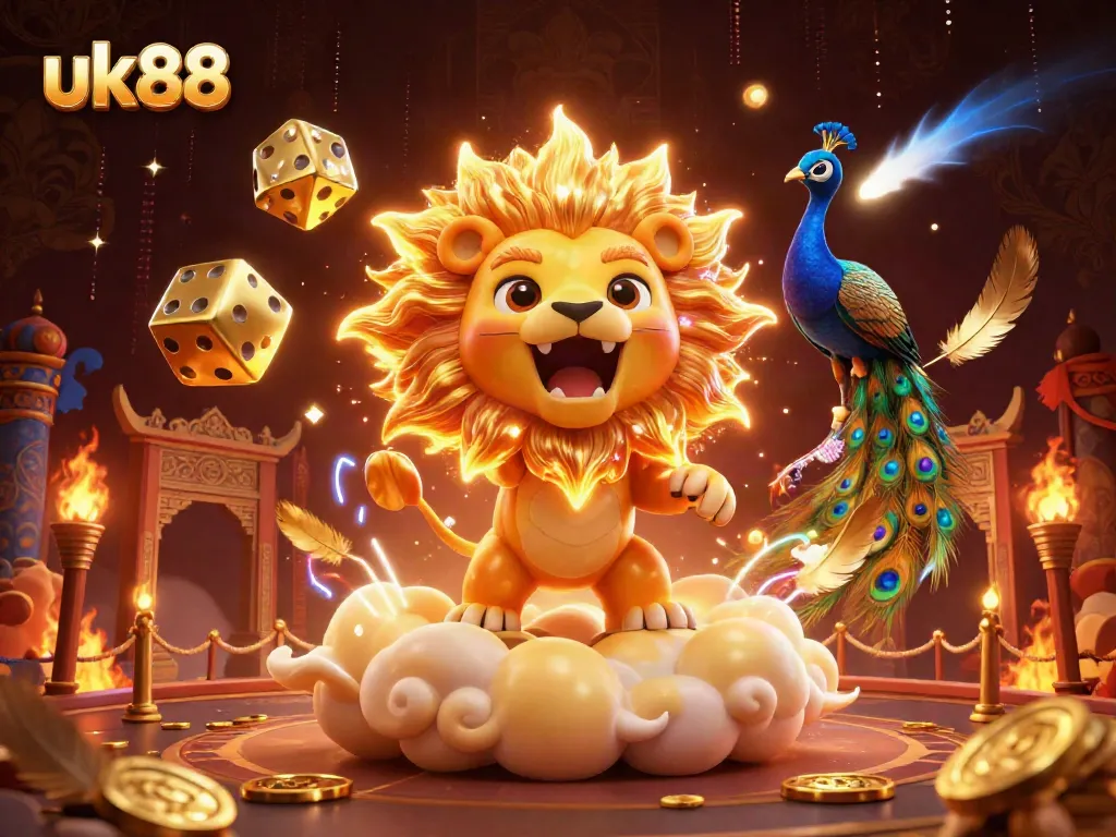 Join the excitement at uk88 with a vibrant 3D illustration of a lion celebrating amid casino elements and dice.