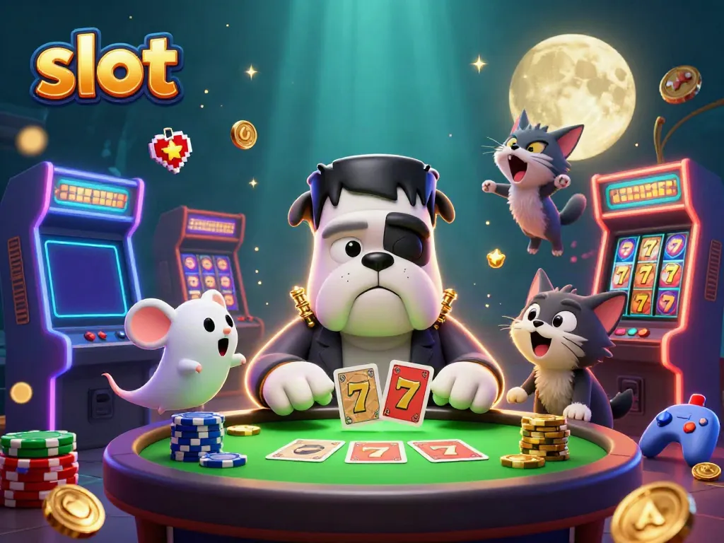 Experience thrilling slot action with a spooky twist featuring cartoon characters and vibrant casino elements.