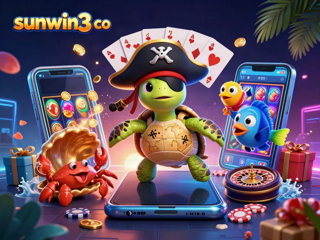 Engage with sunwin3 co in a vibrant online casino illustration featuring a pirate turtle, crab, and treasure elements.