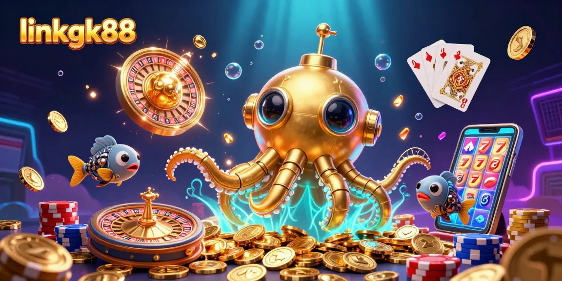 Engage with linkgk88's vibrant 3D casino world featuring a kraken submarine and treasure elements.