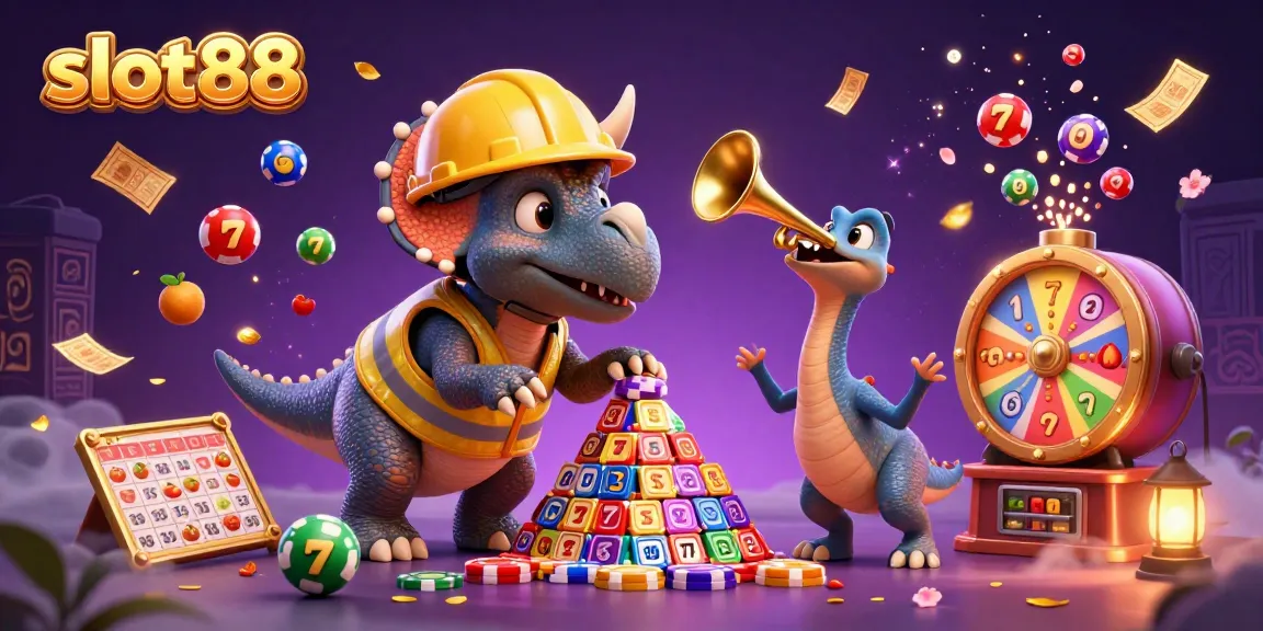 Experience the excitement of slot88 with vibrant slot reels and cheerful characters in this dynamic casino scene.