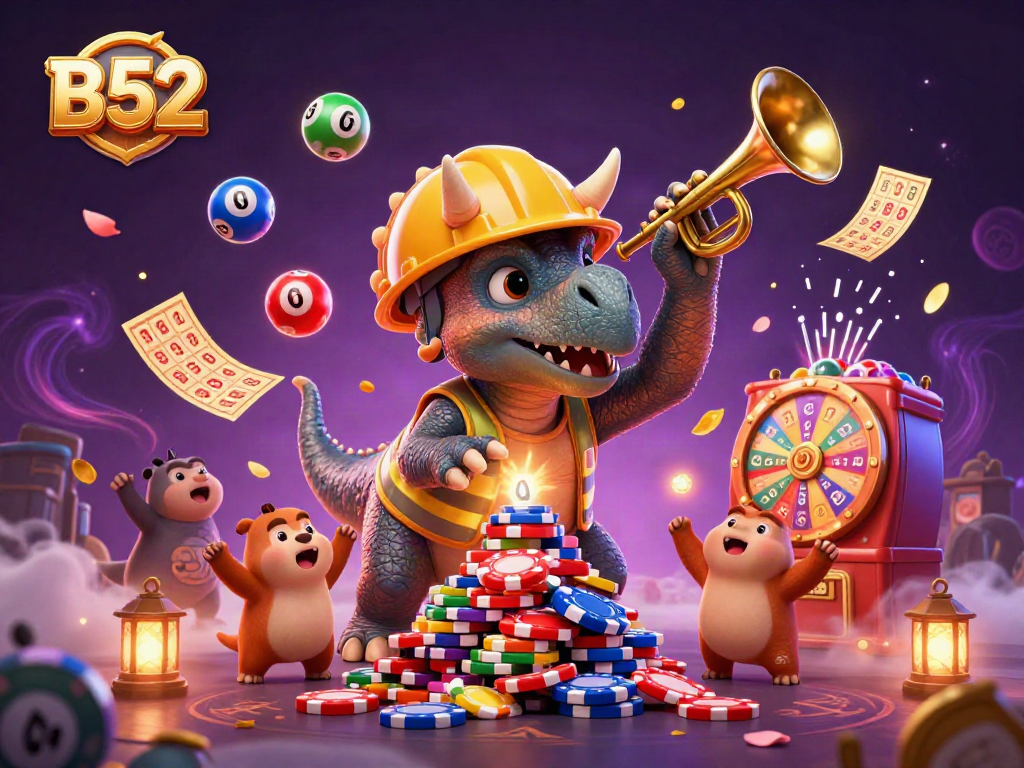 Engage in thrilling casino action with B52 as cheerful cartoon dinosaurs celebrate and build poker chips.