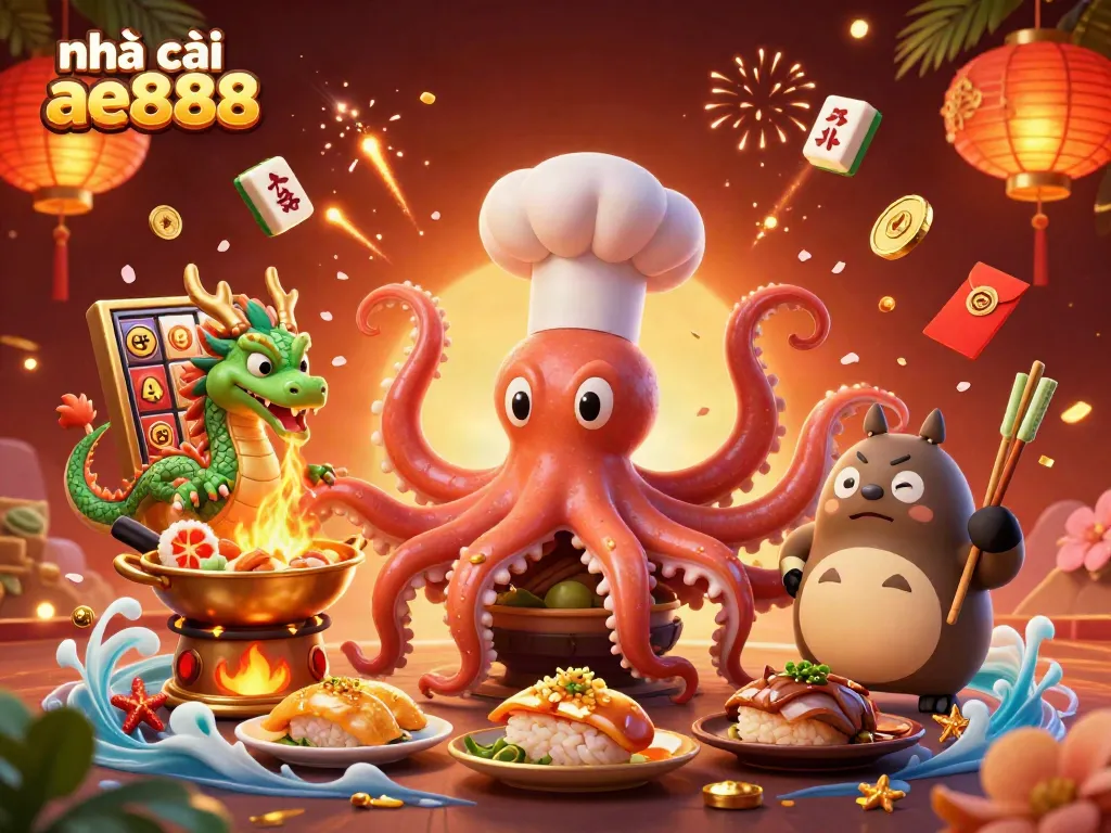 Experience the vibrant energy of nhà cái ae888 with playful characters in a dynamic casino scene.