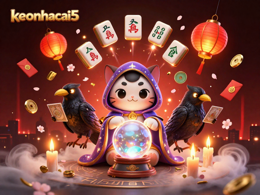 Experience the magical world of keonhacai5 with a mystic cat, glowing raven, and vibrant casino elements.