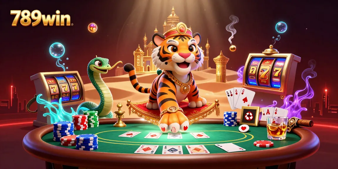 Experience 789win with a vibrant casino scene featuring a tiger sultan and dynamic poker elements.