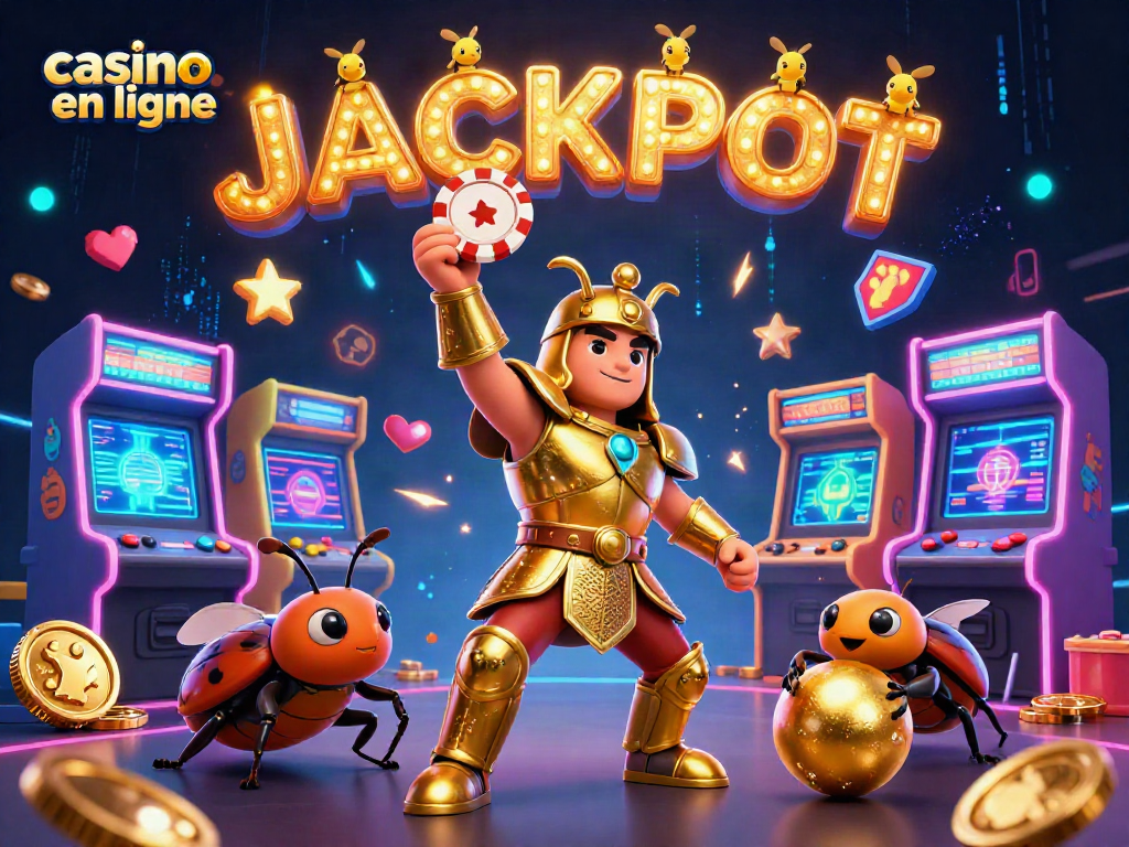 Gagnez gros au casino en ligne avec un héros en armure dorée brandissant un jeton de poker et des éléments vibrants de machines à sous.