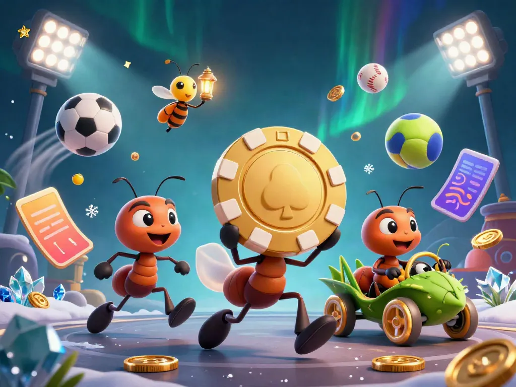 Engaging scene showing a team of ants carrying a golden poker chip in the underwater world of nền tảng s8 filled with dynamic sports elements.