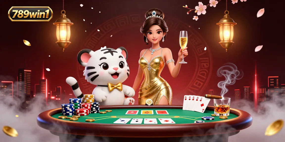 Join the excitement at 789win1 with a glamorous online casino experience featuring a woman in a golden dress and a lucky tiger cub.