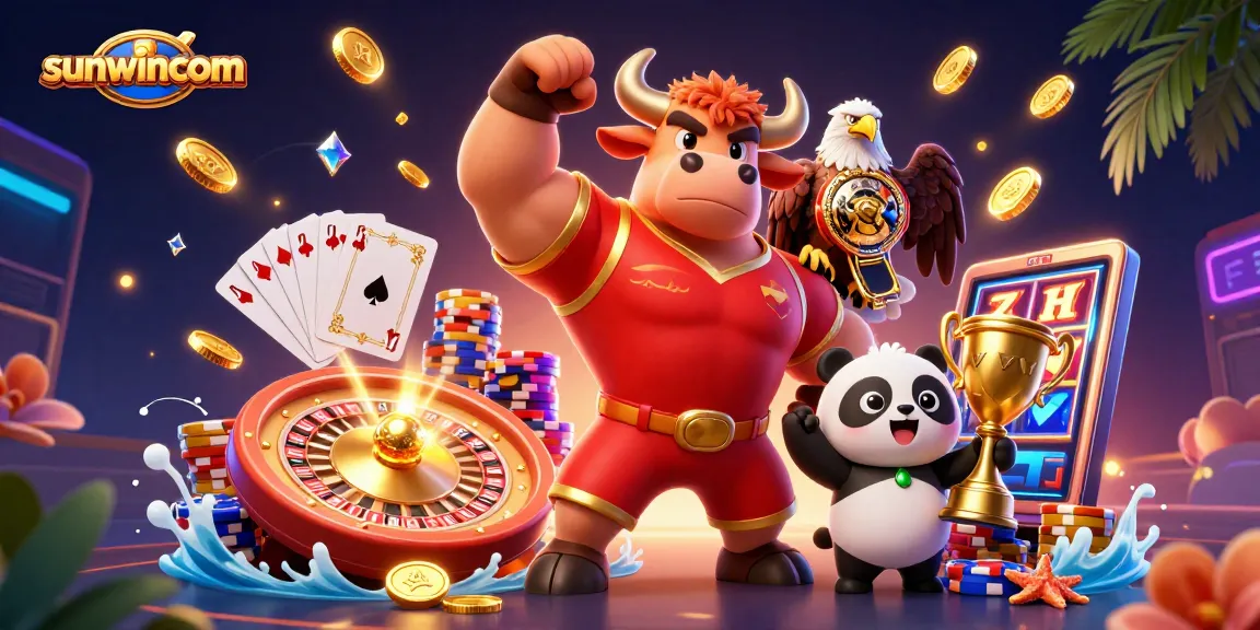 Experience the excitement of sunwincom with a cartoon bull mascot and dynamic casino elements.